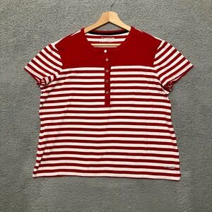 VTG Chaps Sport Short Sleeve Top Women XL Red White Stripe Henley Boxy Retro Tee
